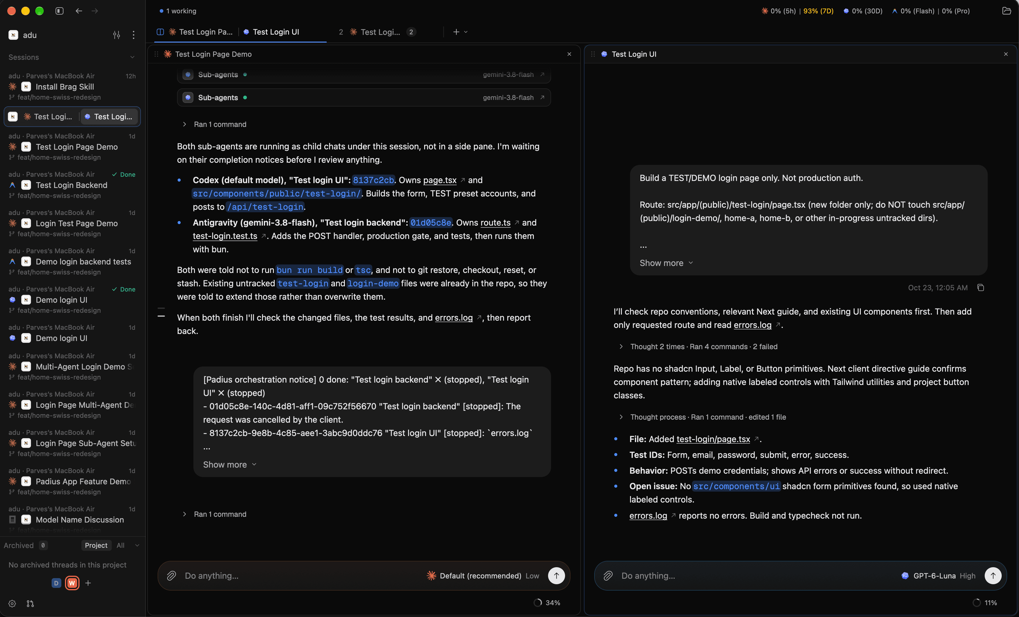 Padius on macOS: session sidebar, tabs, and two agent chats in a split view