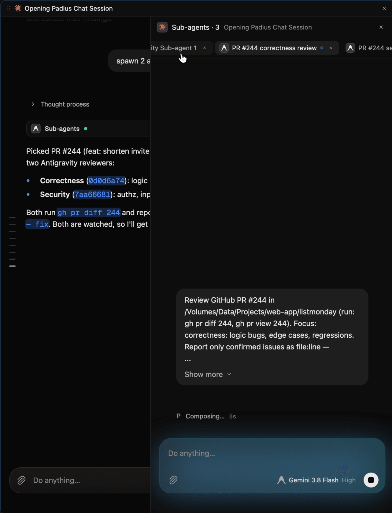 Padius sub-agents panel: three Antigravity reviewers spawned from a lead chat, each in its own tab