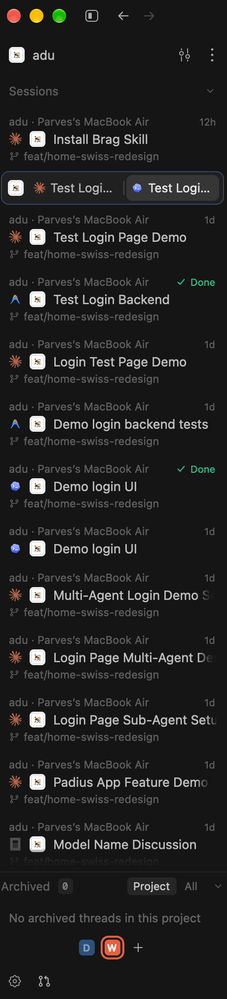 Padius sidebar listing sessions in the Padius-rust project